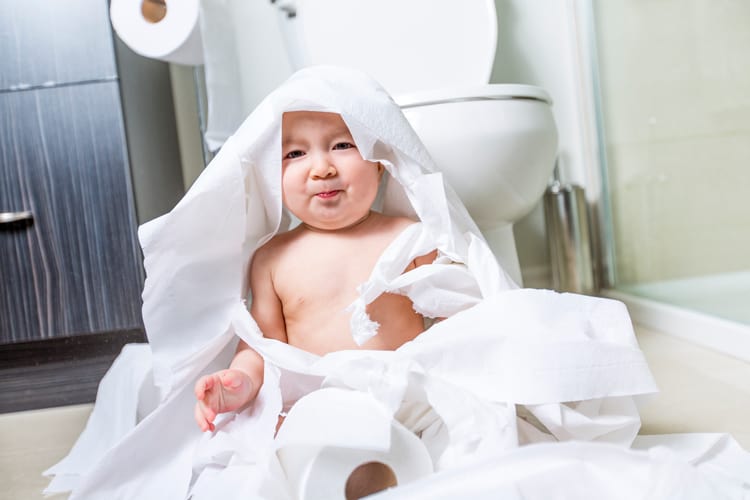 child wrapped in toilet paper in the bathroom