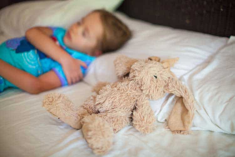 BabyQuip rental stuffed animal and child sleeping with plush bunny toy.