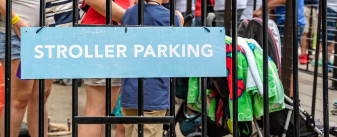 Stroller Parking Area At Sesame Place With Families And Strollers Lined Up.