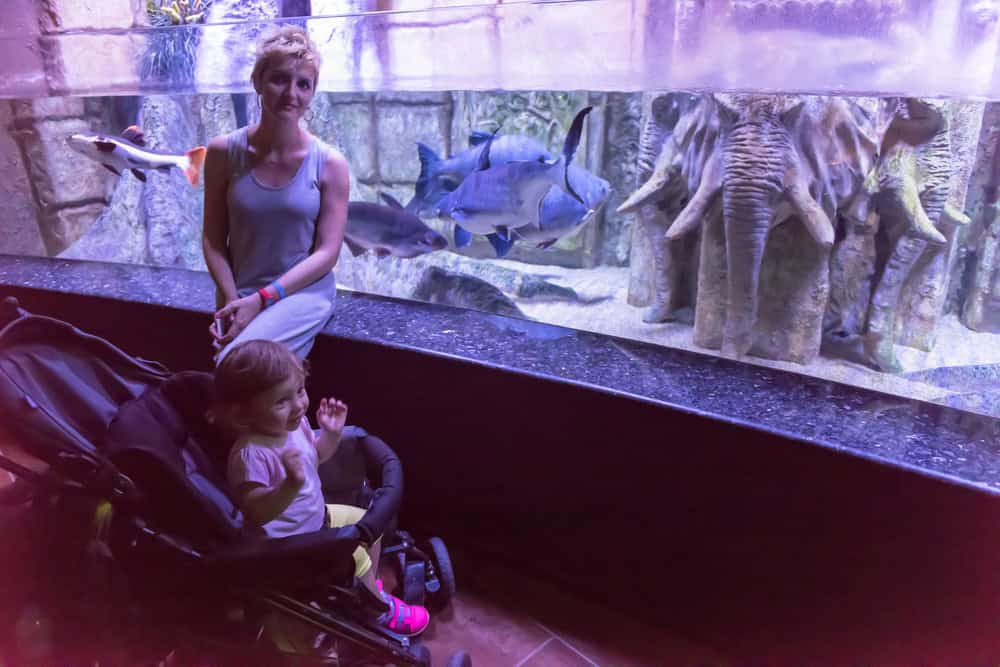 A colorful aquarium with children and a woman observing marine life and elephants.
