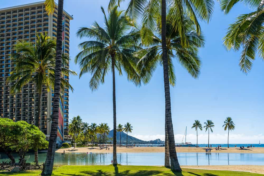 Breathtaking view of hotels lining Waikiki Beach in Hawai