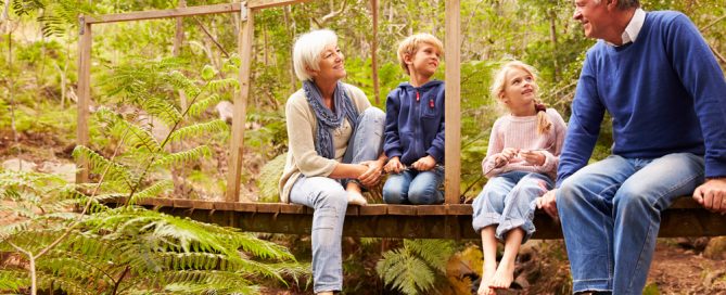 Family Enjoying A Nature Walk On A Wooden Bridge In A Lush Forest.