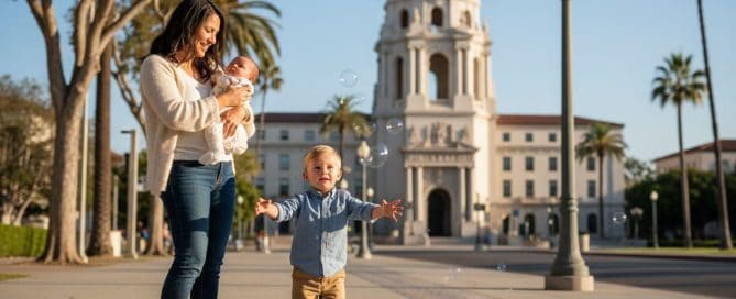 Mother And Children Playing With Bubbles In Front Of A Historic Building.