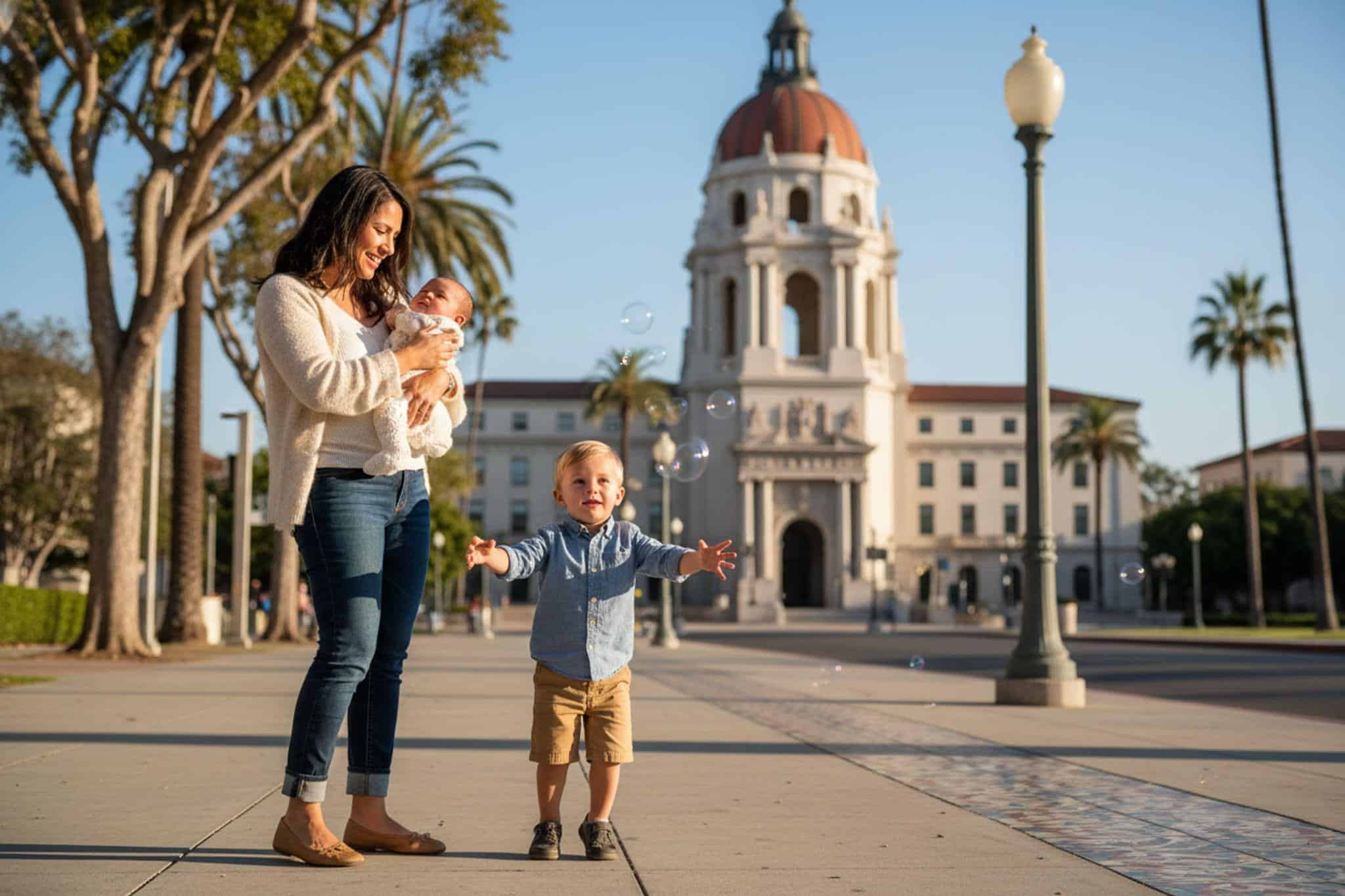 Mother and children playing with bubbles in front of a historic building.