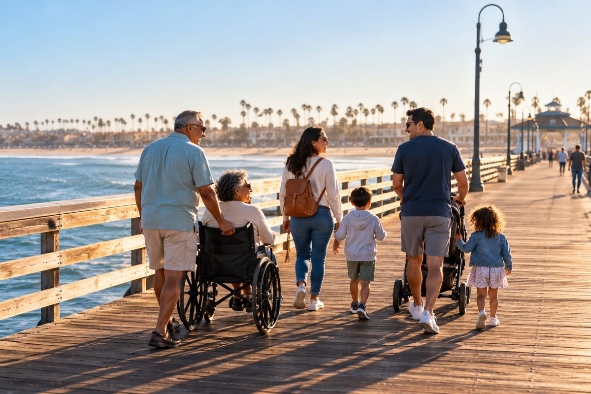 Family With A Stroller And A Grandparent In A Wheelchair Walking Along A Sunny Beach Pier