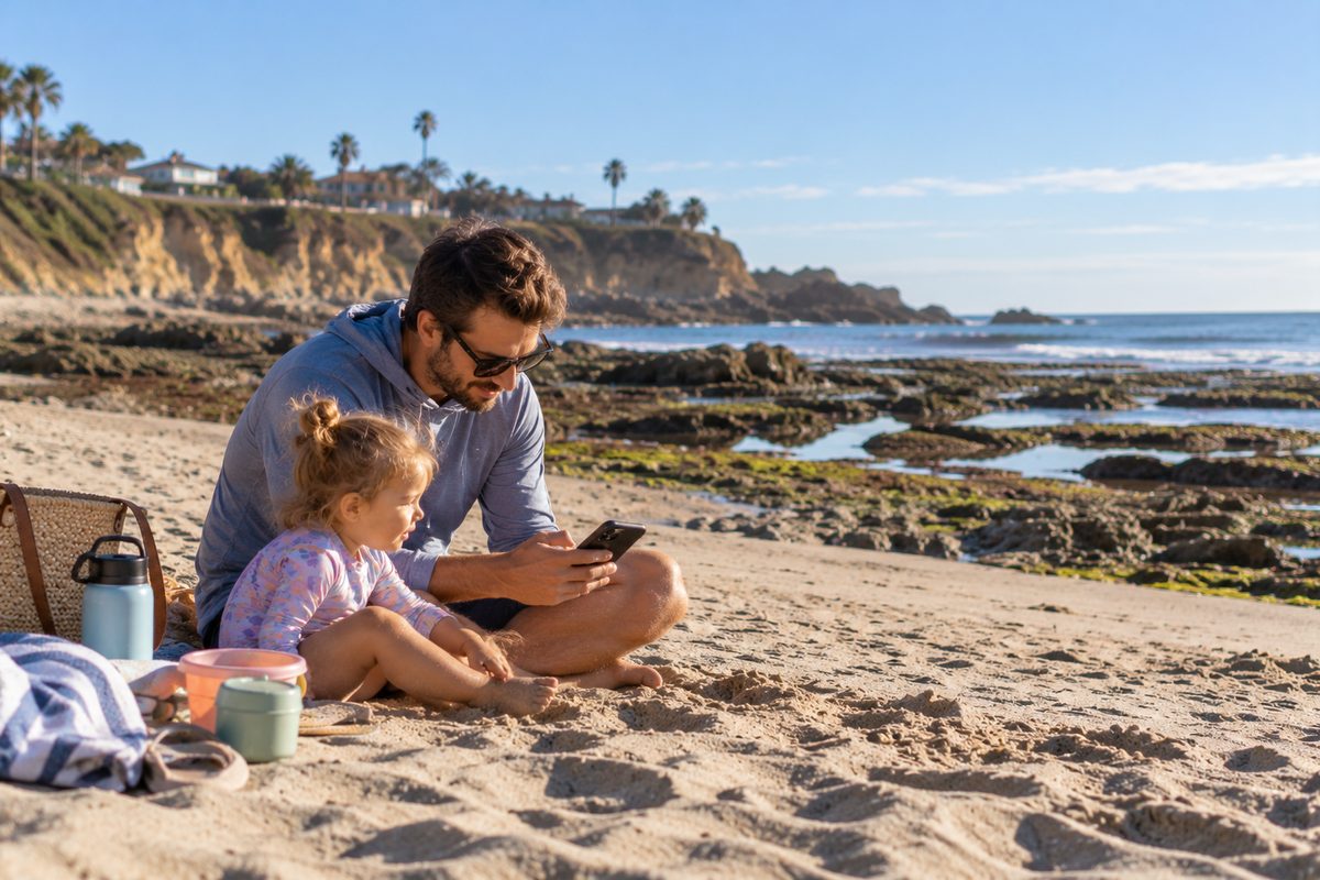 Father Checking The Tide On His Phone While His Toddler Sits Beside Him On The Sand Near The Tide Pools