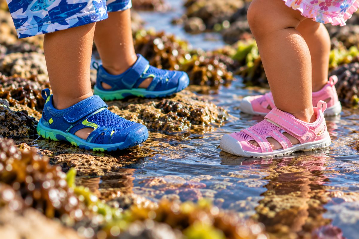 Two Toddlers Wearing Closed-Toe Water Shoes With Grippy Soles Standing In A Shallow Tide Pool