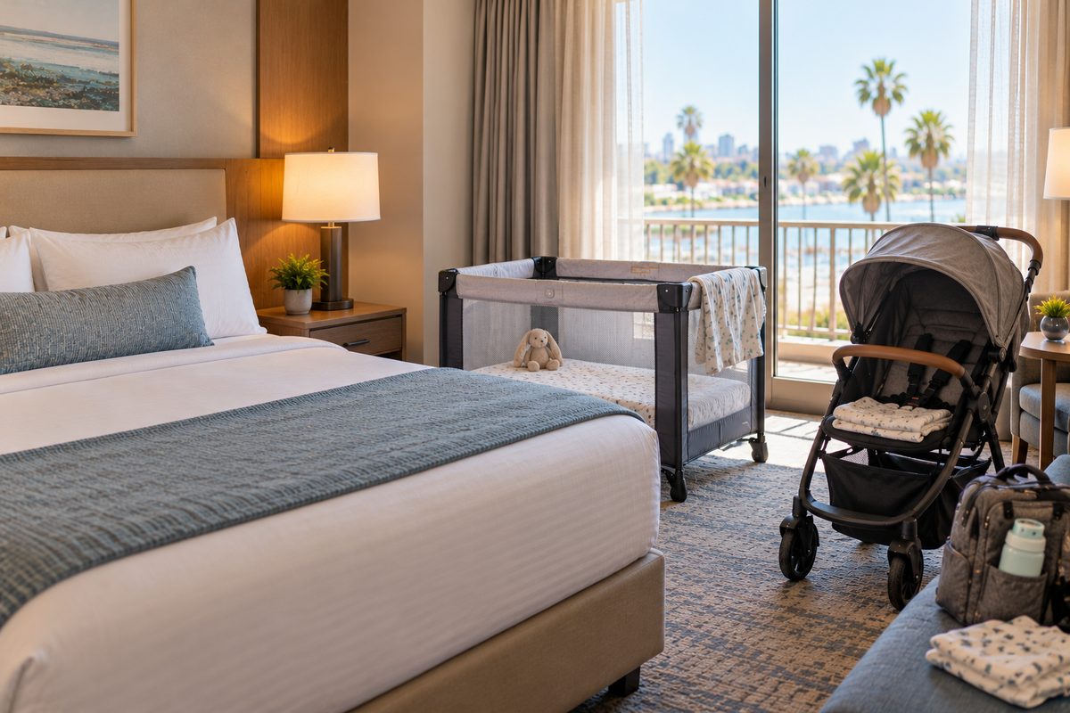 Hotel Room With A Travel Crib And Stroller Set Up For A Family Beach Trip