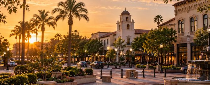 Family Strolling Through A Downtown Plaza At Golden Hour, A Relaxed Santa Ana Plan For Families After Nap Time