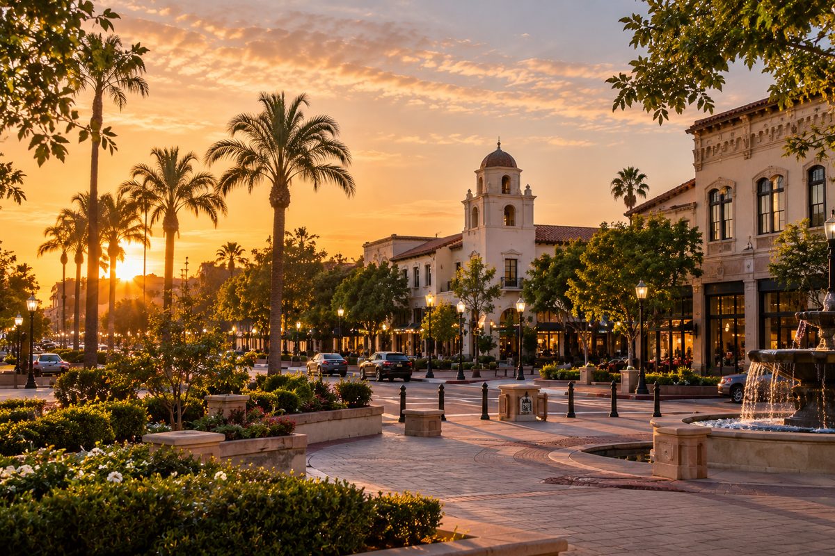 Family Strolling Through A Downtown Plaza At Golden Hour, A Relaxed Santa Ana Plan For Families After Nap Time