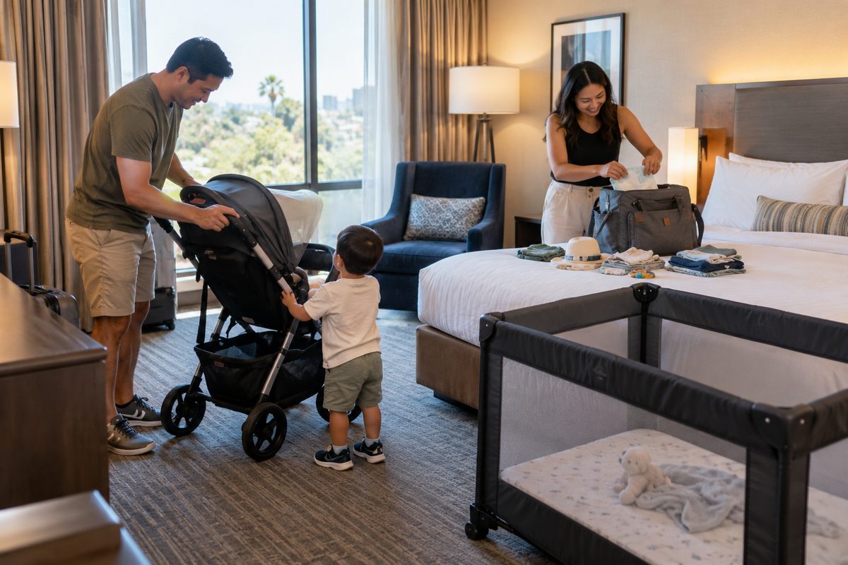 Parents Pack Baby Gear In A Hotel Room While Their Toddler Pushes A Stroller Next To A Travel Crib