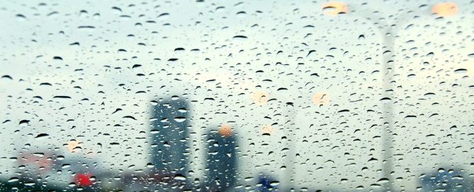 Rain On A Car Windshield, A Cue To Switch To Rainy-Day Backups Near Santa Ana Zoo