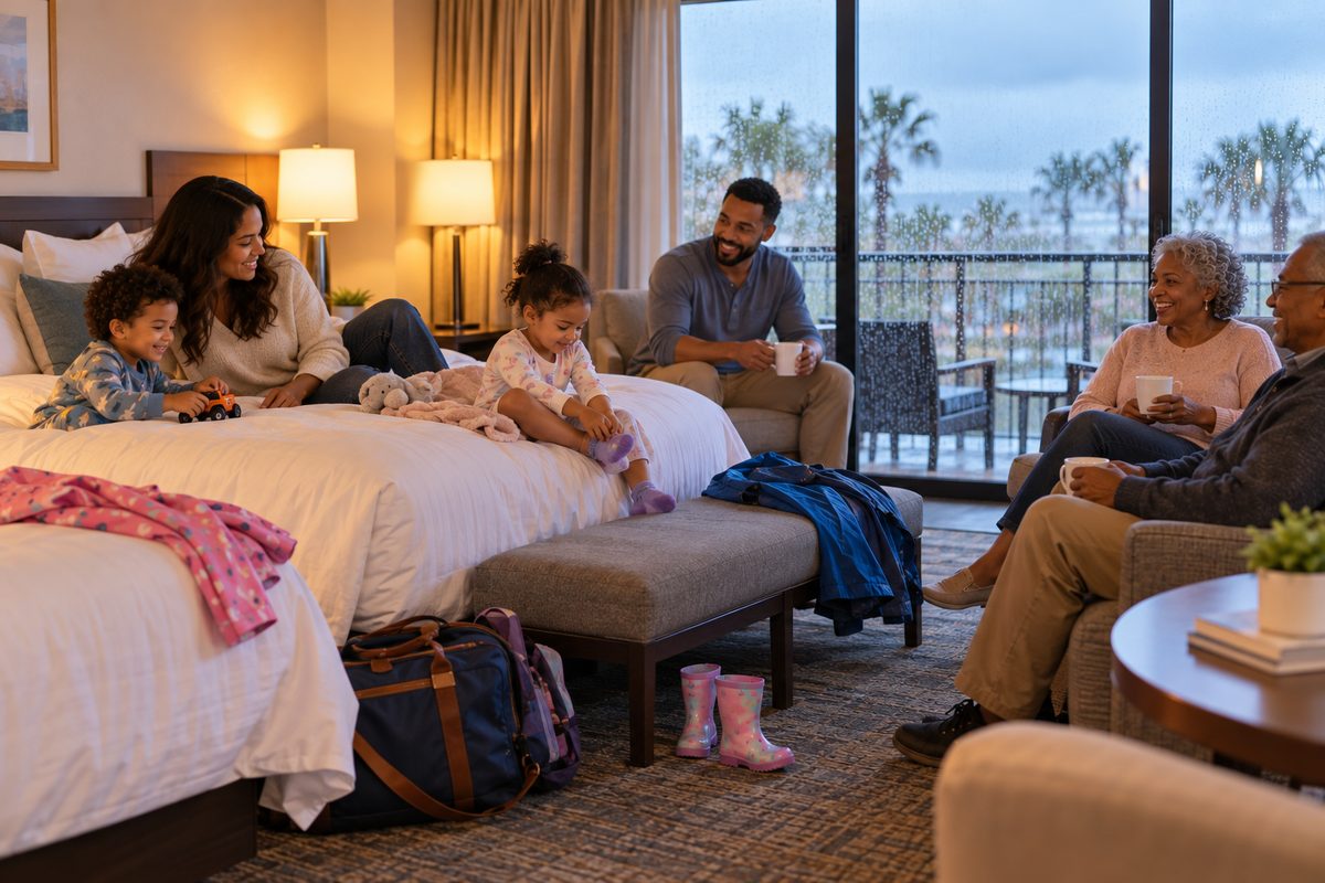 Family With Toddlers And Grandparents Relaxing In A Hotel Room On A Rainy Evening
