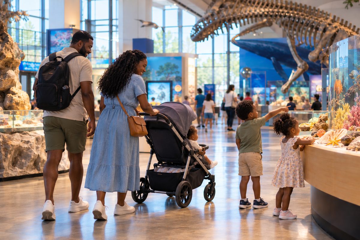 Family With A Stroller And Two Toddlers Looking At Ocean Exhibits In An Indoor Museum