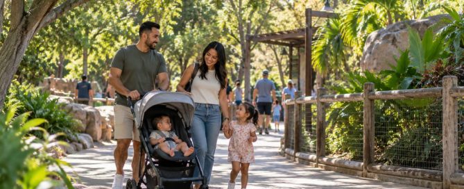 Parents Pushing A Stroller With A Toddler On A Shaded Zoo Path While Exploring Santa Ana With Toddlers