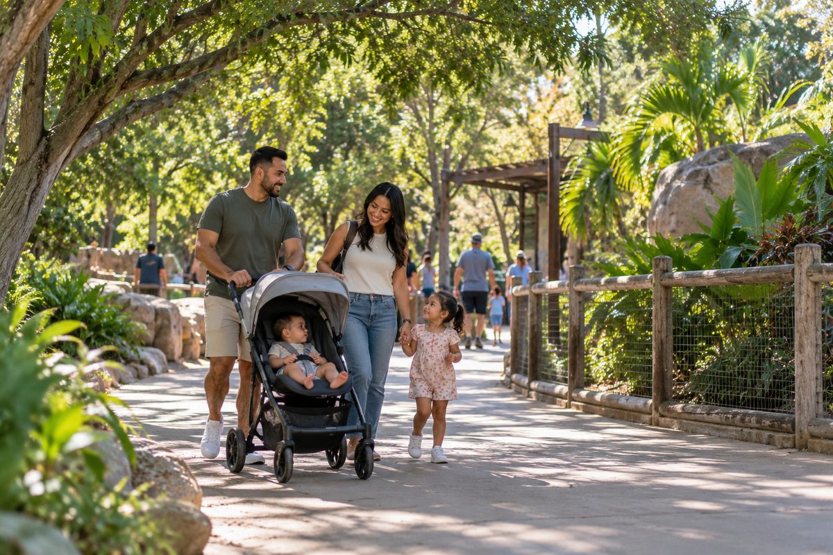 Parents Pushing A Stroller With A Toddler On A Shaded Zoo Path While Exploring Santa Ana With Toddlers