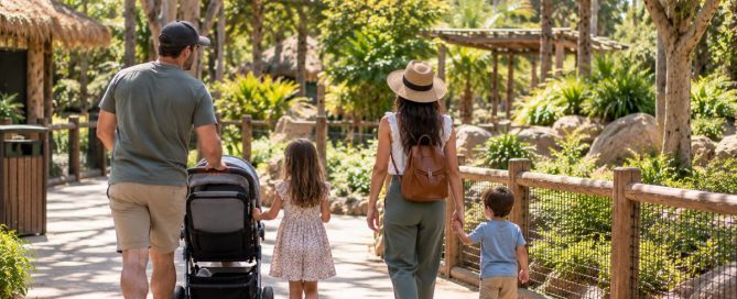 Family With A Stroller Walking A Shaded Path Between Santa Ana Zoo Exhibits