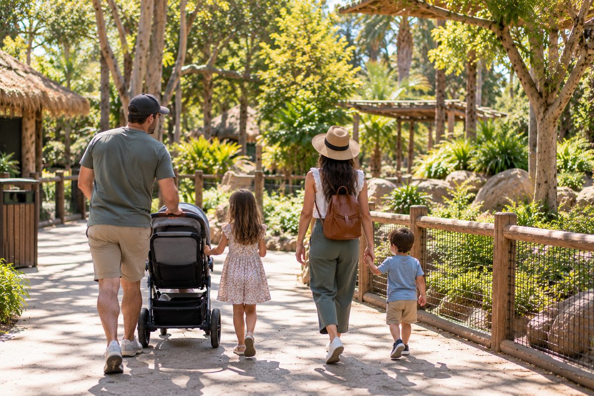 Family With A Stroller Walking A Shaded Path Between Santa Ana Zoo Exhibits