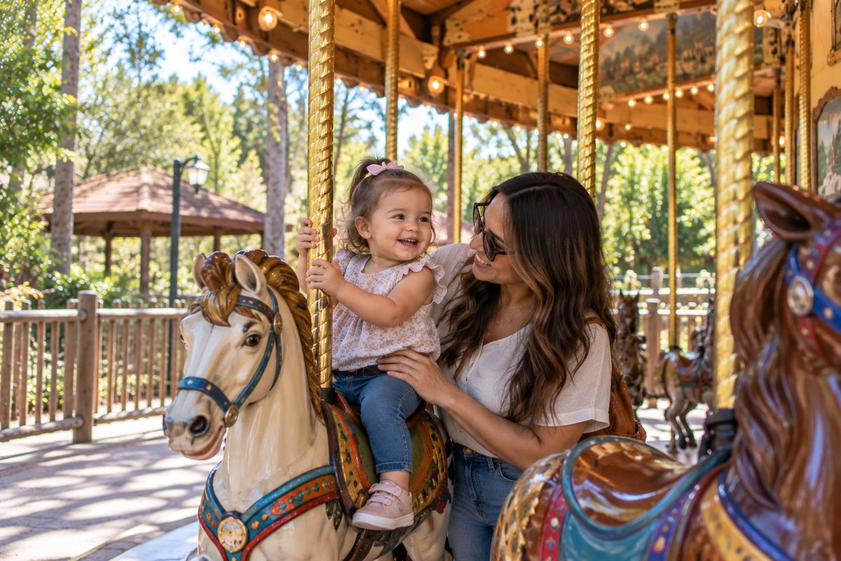 Smiling Toddler Riding A Carousel Horse With Her Mother Beside Her
