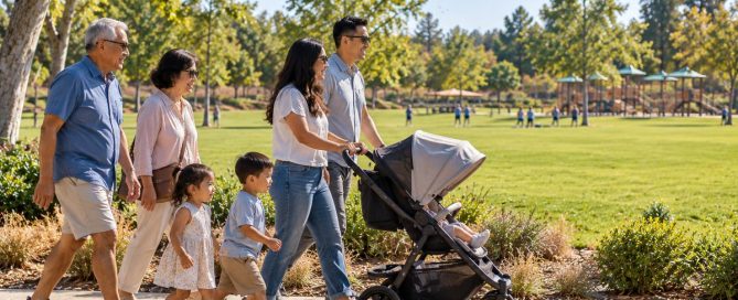 Grandparents And Parents Walking With Toddlers And A Stroller On A Sunny Path, One Of The Santa Ana Zoo Nearby Parks