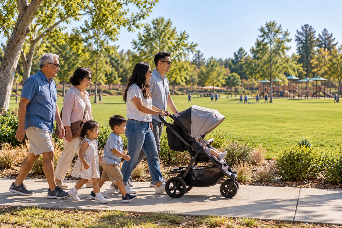 Grandparents And Parents Walking With Toddlers And A Stroller On A Sunny Path, One Of The Santa Ana Zoo Nearby Parks
