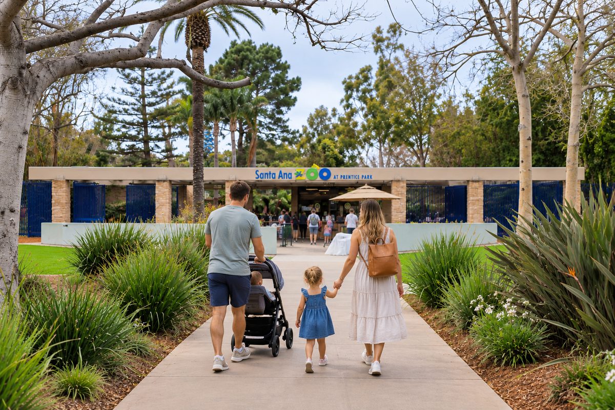 Family With A Stroller Walking From Santa Ana Zoo Parking Toward The Zoo Entrance