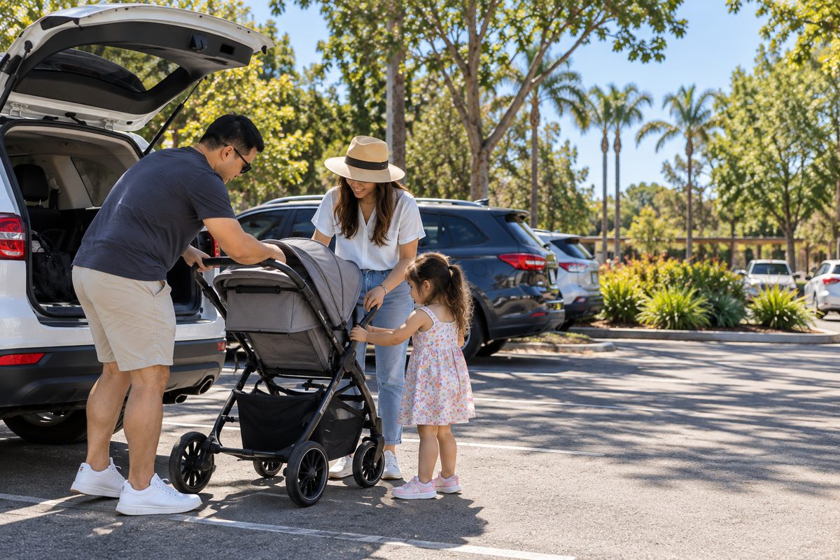 Parents Setting Up A Stroller Beside Their Suv In A Sunny Parking Lot