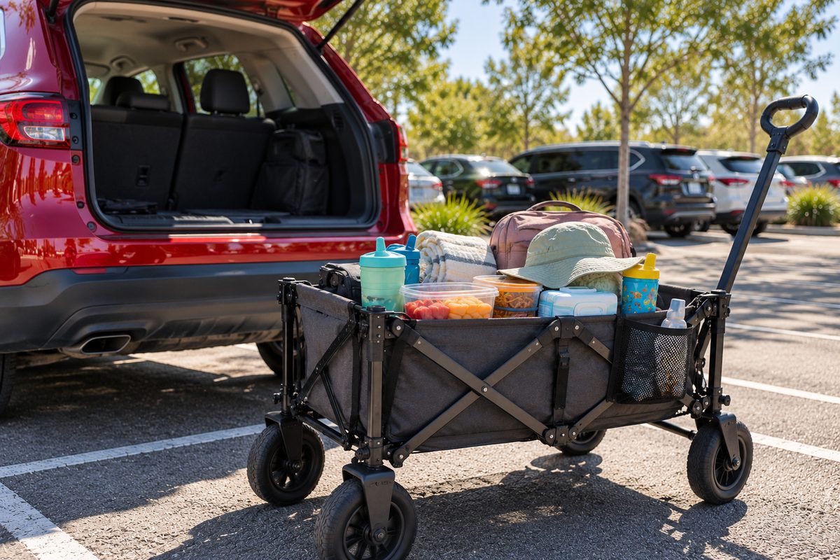 Folding Wagon Loaded With Snacks, Sippy Cups And A Sun Hat Beside An Open Suv