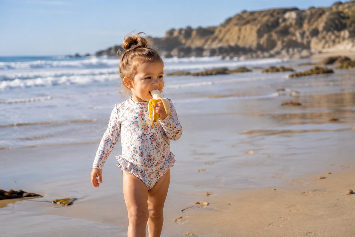 Toddler Eating A Banana While Sitting On Flat Sand Near The Water