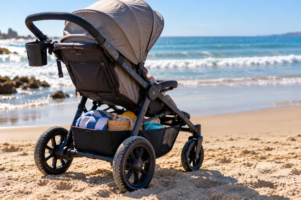 Stroller On The Sand By The Waves With A Towel And Tote Packed In The Basket
