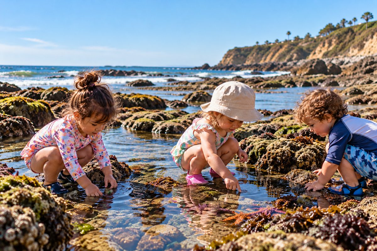 Tide Pools With Toddlers In Los Angeles: Three Toddlers Exploring A Rocky Shoreline On A Sunny Day