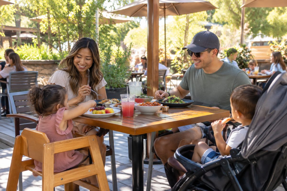 Family Sharing A Meal On A Sunny Patio At One Of The Toddler-Friendly Restaurants Near The Santa Ana Zoo