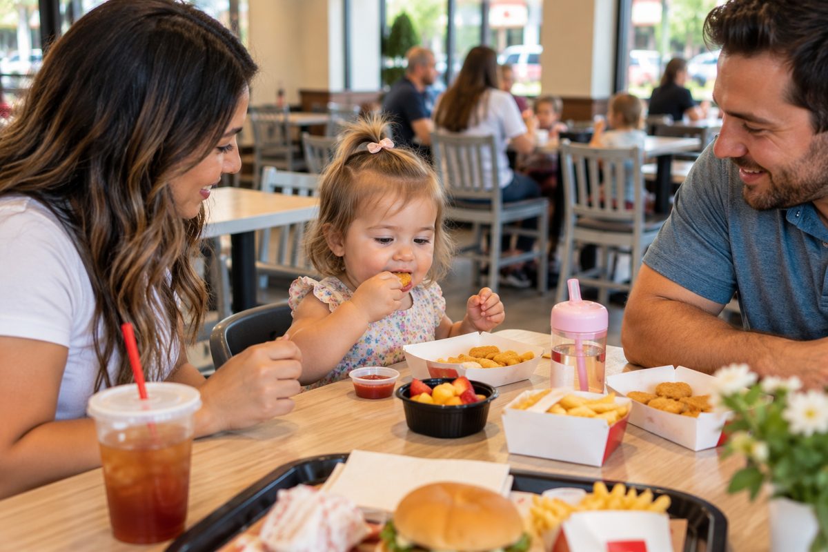 Toddler Eating Chicken Nuggets With Her Parents During A Quick Lunch