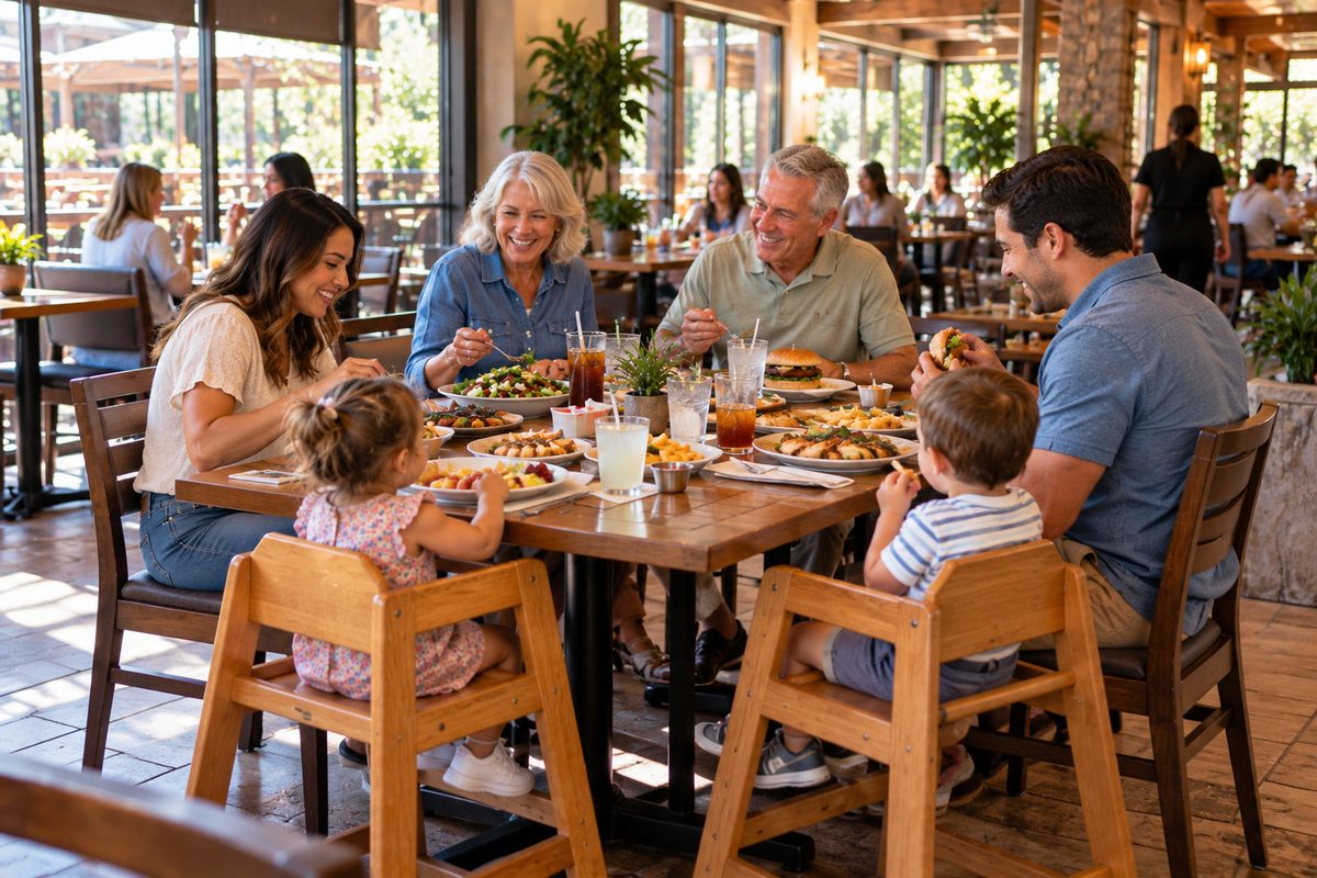 Three Generations Of A Family Gathered Around A Shared Meal At A Casual Restaurant