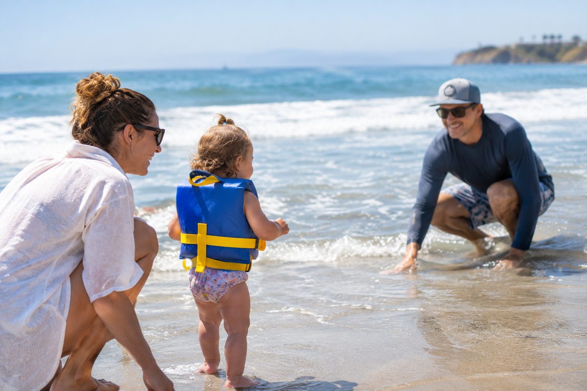 Toddler In A Life Jacket Standing At The Waterline With Both Parents, A Simple Picture Of Water Safety At Seaside Lagoon