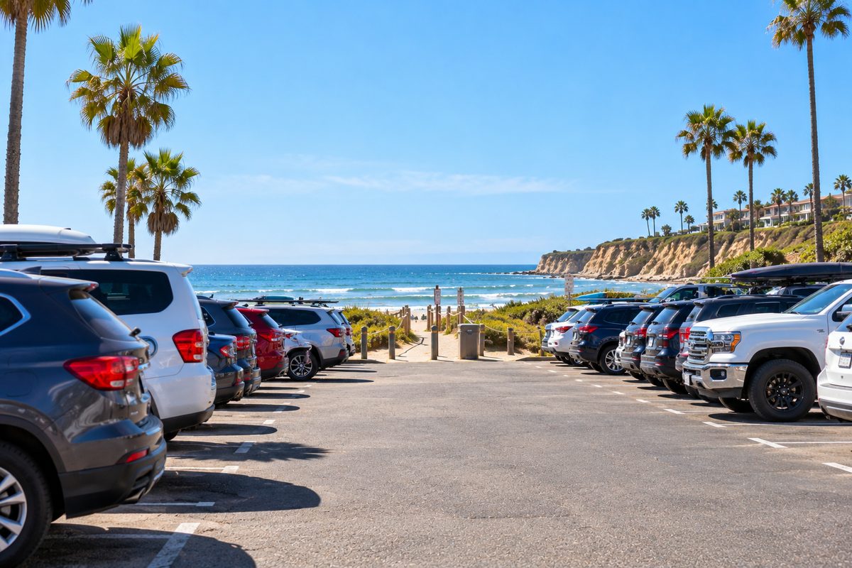 Beach Parking Lot Lined With Family Cars Beside A Sandy Path To The Ocean, A Common Sight For White Point Beach Parking